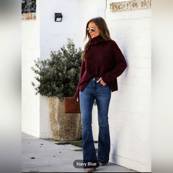 Women's Navy Blue Mid Rise Slim Fit with Classic Flare Leg Raw Hem Denim Jeans - Picture 3 of 5